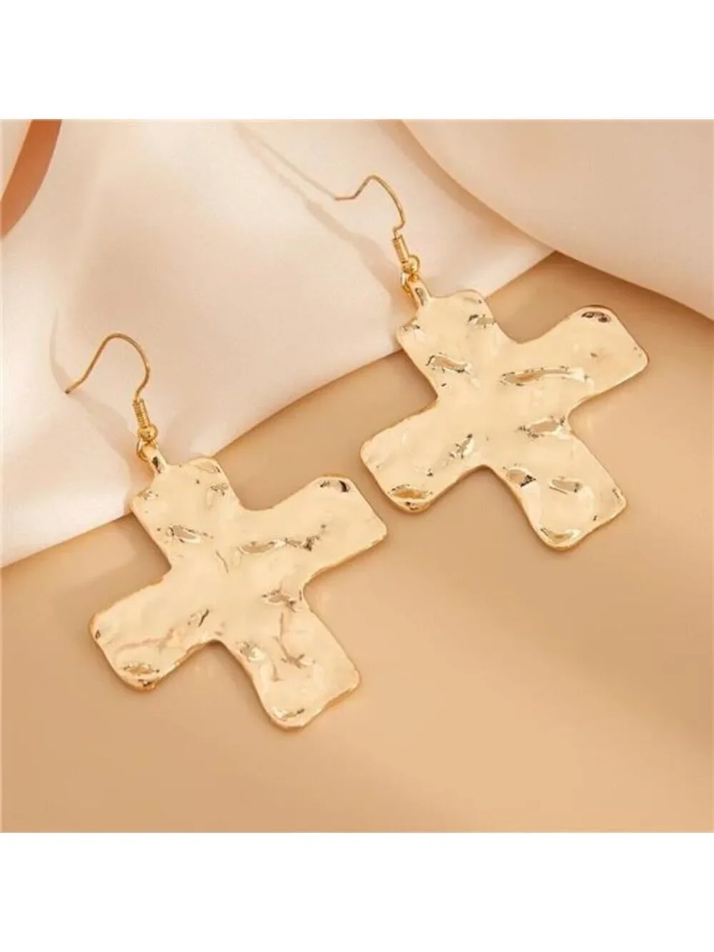 Chunky Gold Big Hammered Cross Drop Dangle Earrings for Women Trendy Jewelry